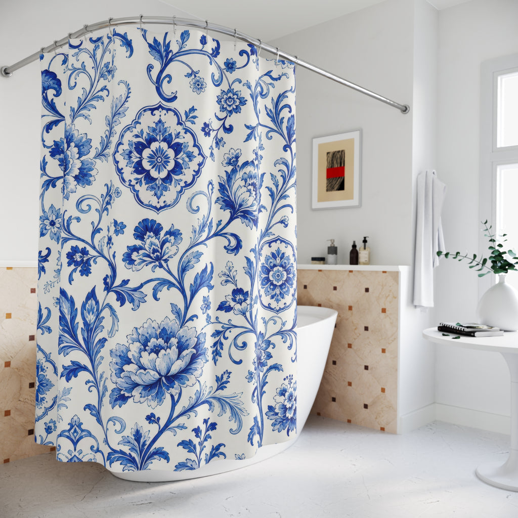 Unique Blue White Shower Curtain, Porcelain Floral Damask Pattern, Classic Tile Inspired Decor, Crisp Guest Bath, Traditional Style