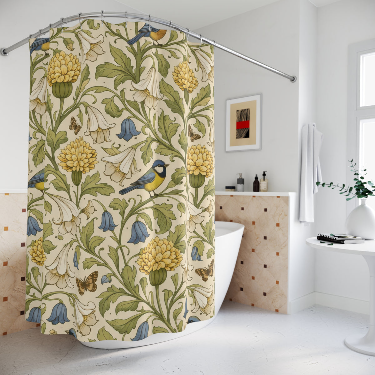 William Morris Floral Green Gold Bird shower curtain with close-up print, hooks, and folds