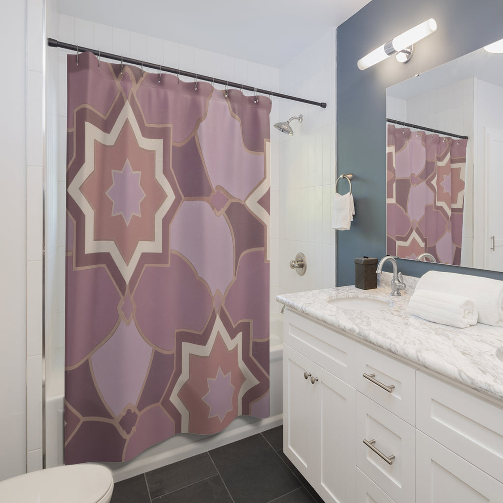 Mauve eight-point star mosaic with plum rosettes shower curtain beside a white vanity