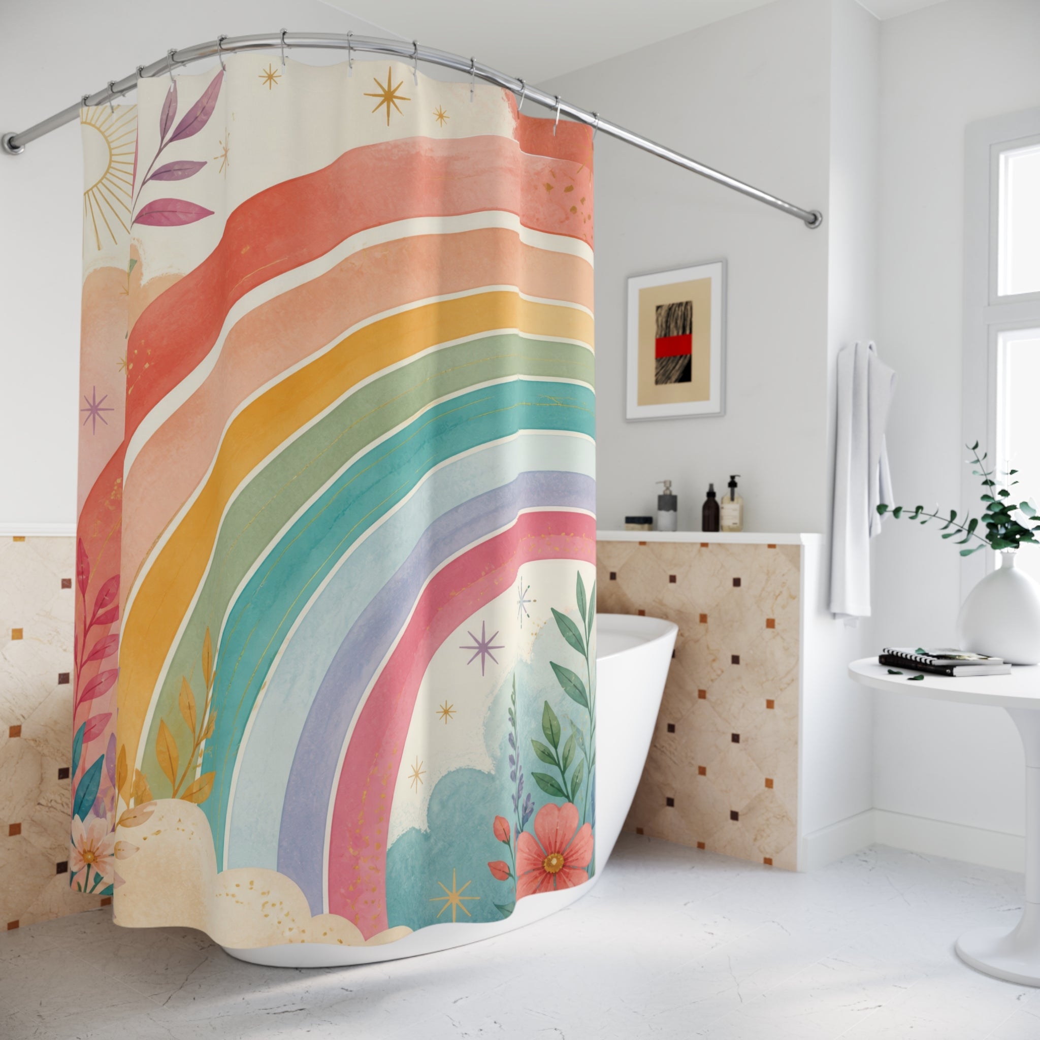 Rainbow Shower Curtain: Pastel Arch Floral Sun Pattern