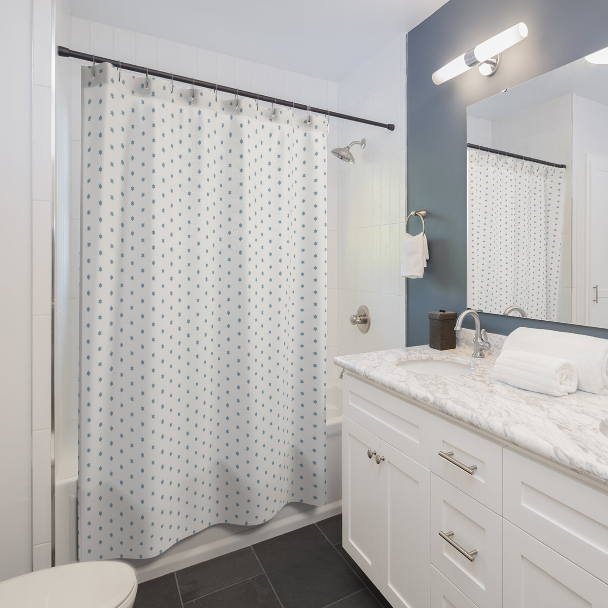 Scandinavian Star Shower Curtain – Ice Blue Snowflake
