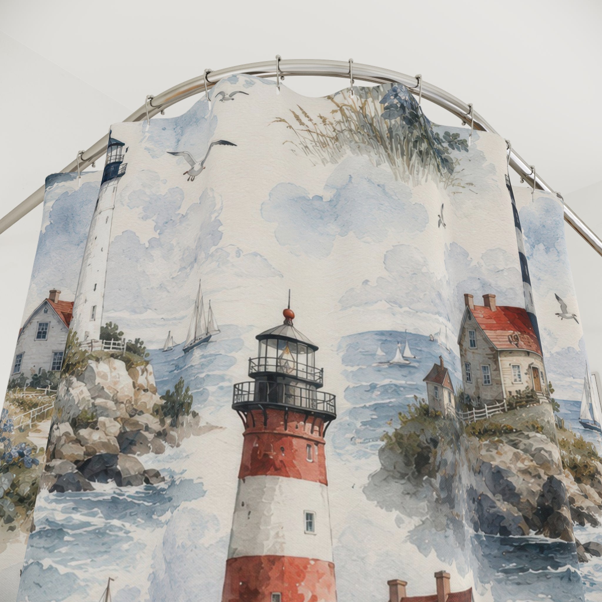 Lighthouse Shower Curtain: Coastal Watercolor