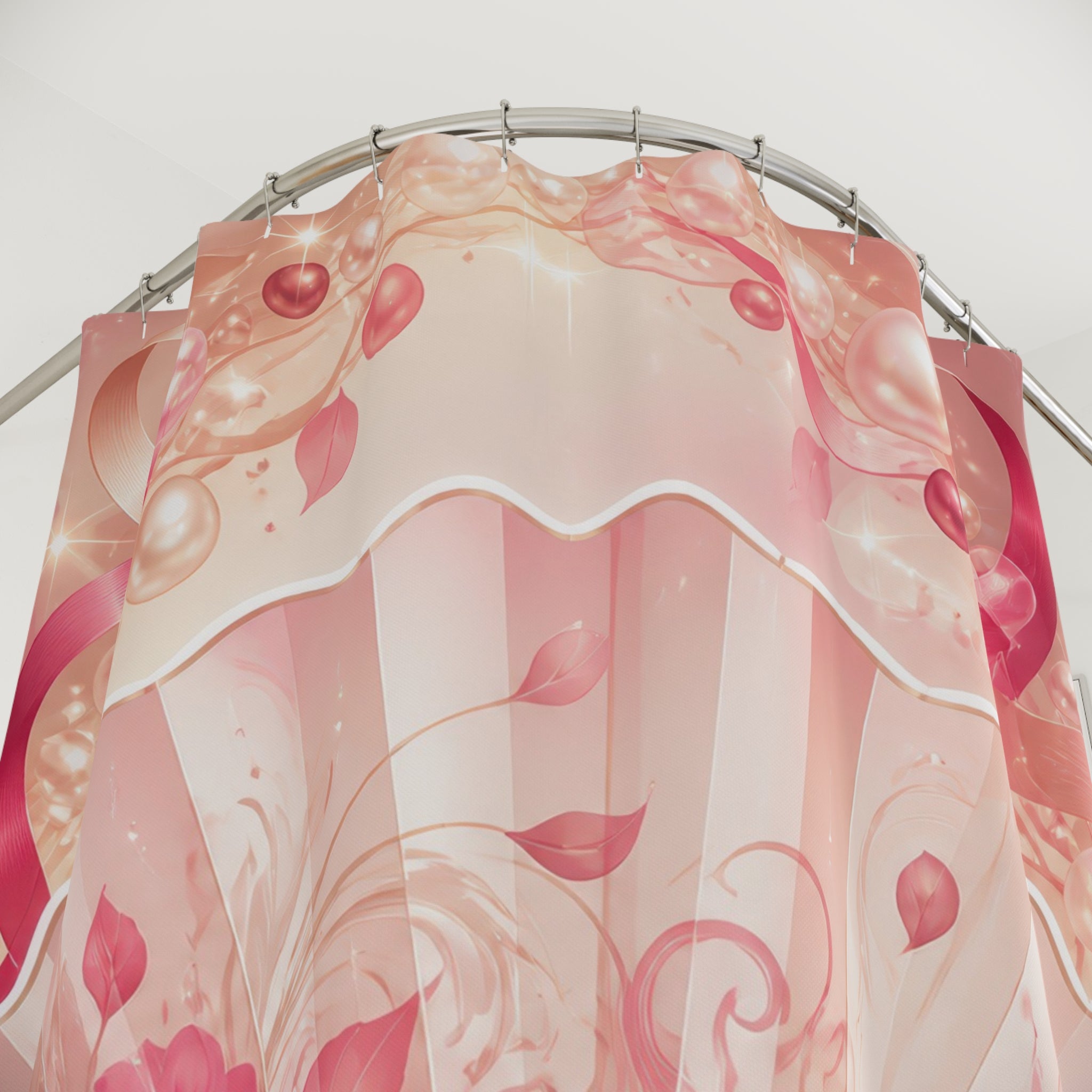 Blush folding fan glowing inside a pearl oval halo shower curtain with close-up print, hooks, and folds
