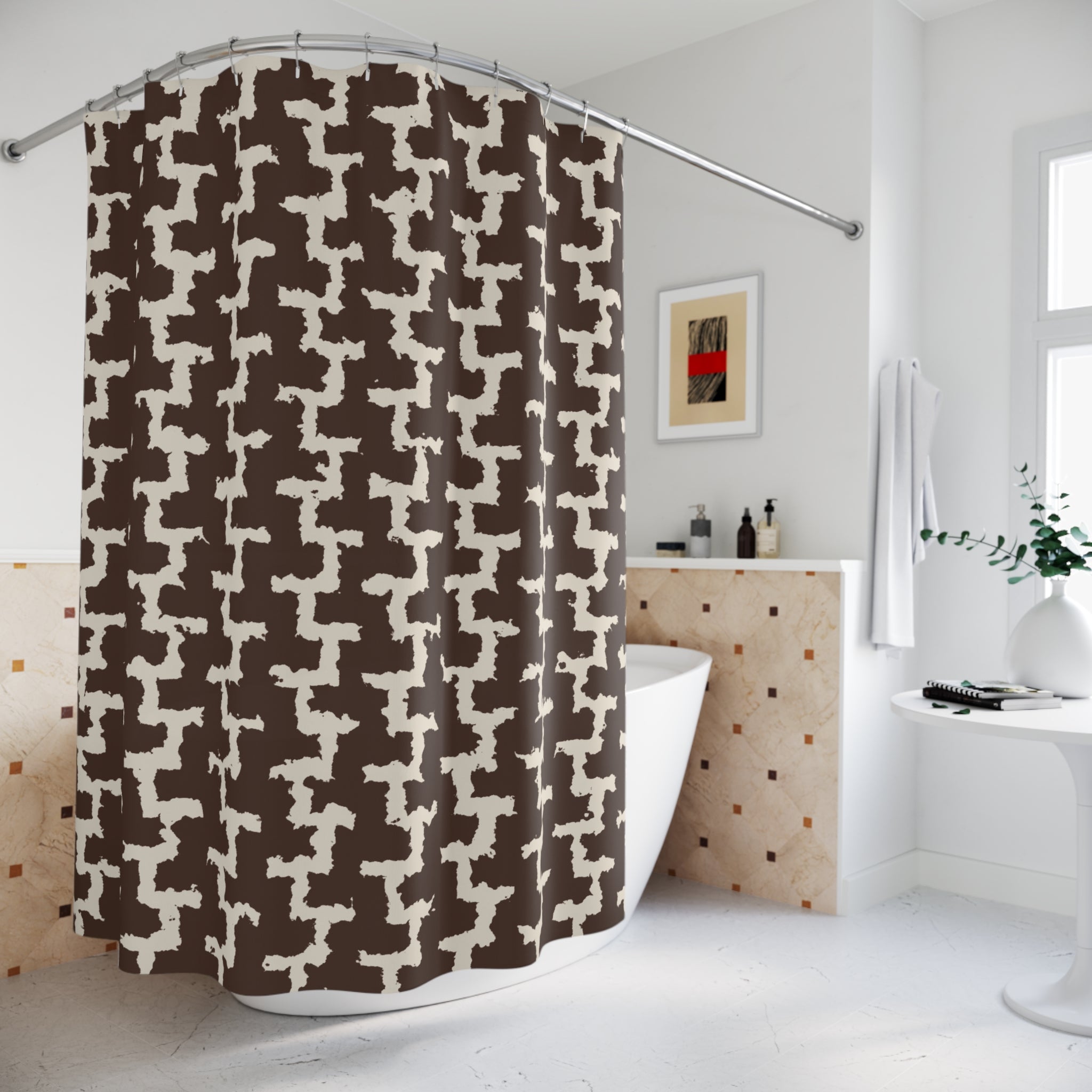 Brown Greek Key Shower Curtain — Chocolate Cream