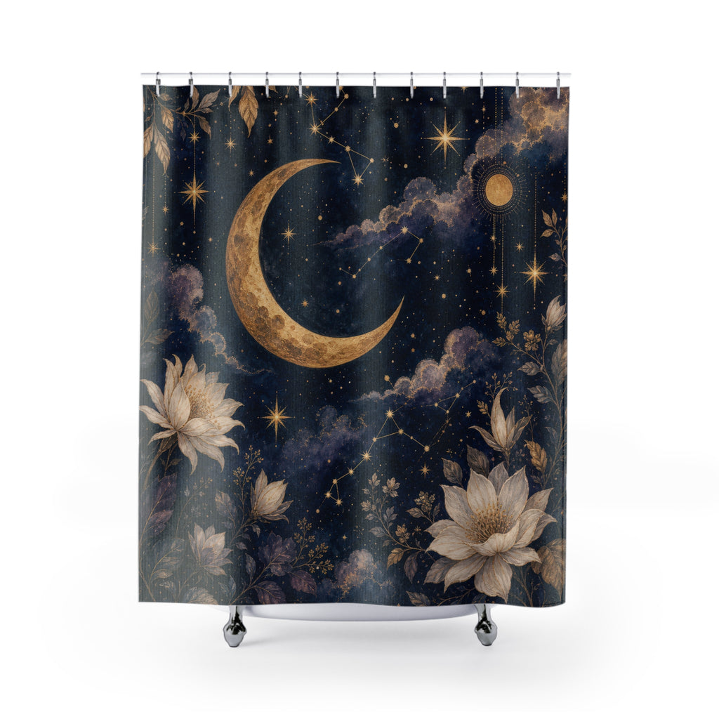 Celestial Shower Curtain: Moon Stars Floral Pattern