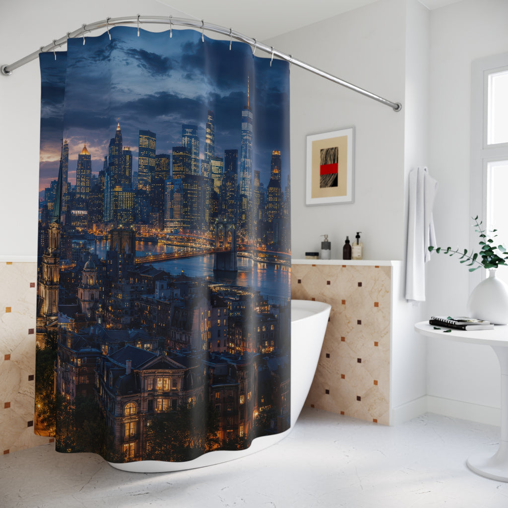City Skyline Shower Curtain: Navy Blue Night