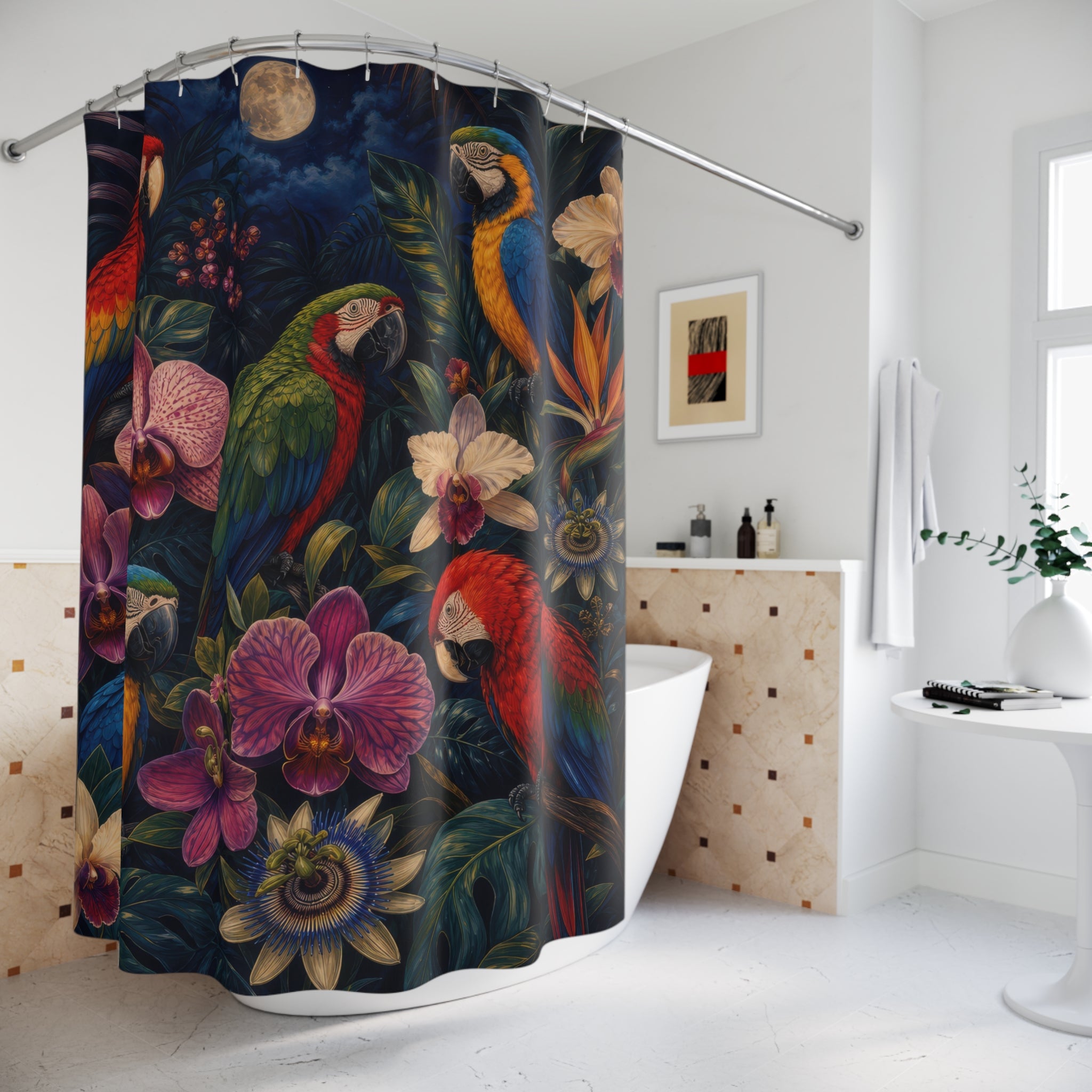 Midnight Macaw Orchid Garden Shower Curtain