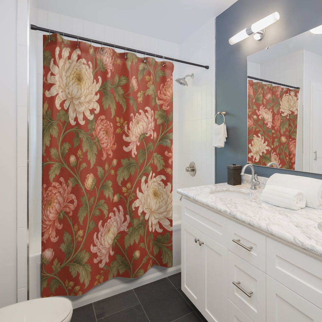 Cream and pink Chinoiserie chrysanthemums on red shower curtain beside a white vanity