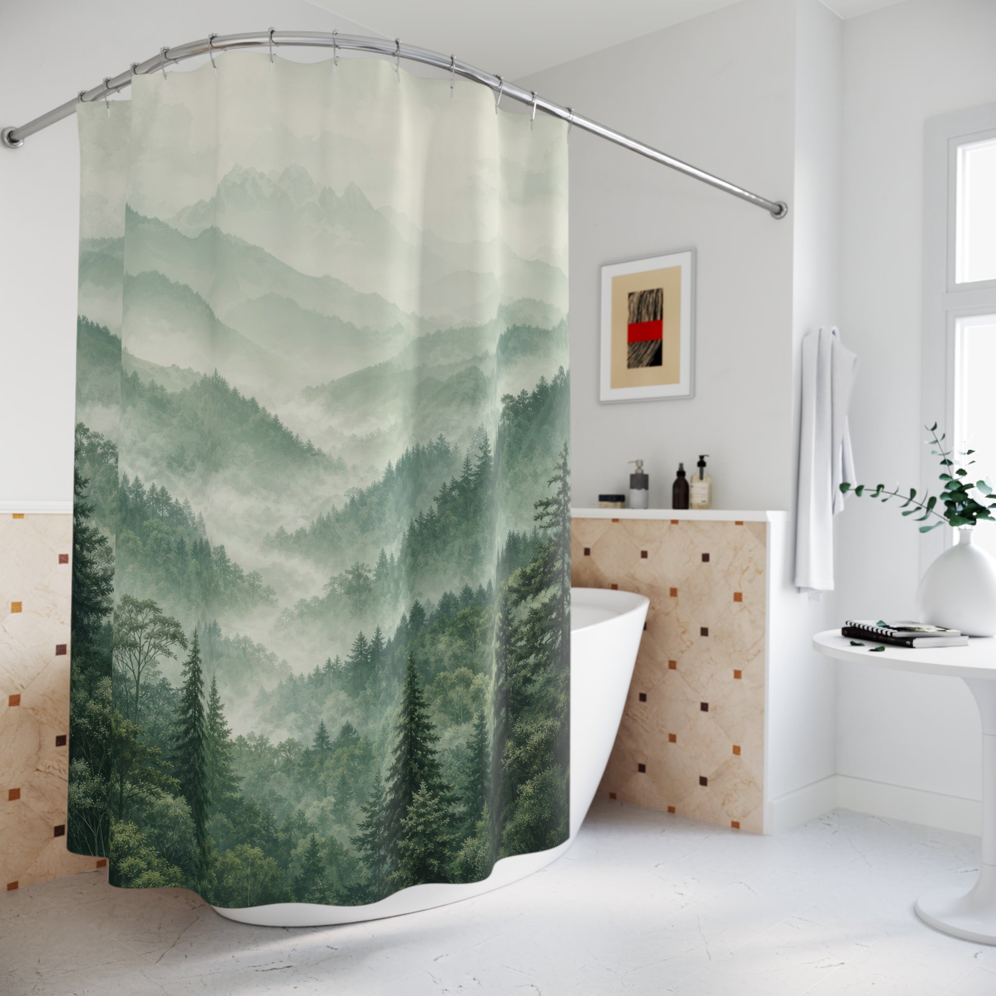 Sage Green Misty Forest Shower Curtain
