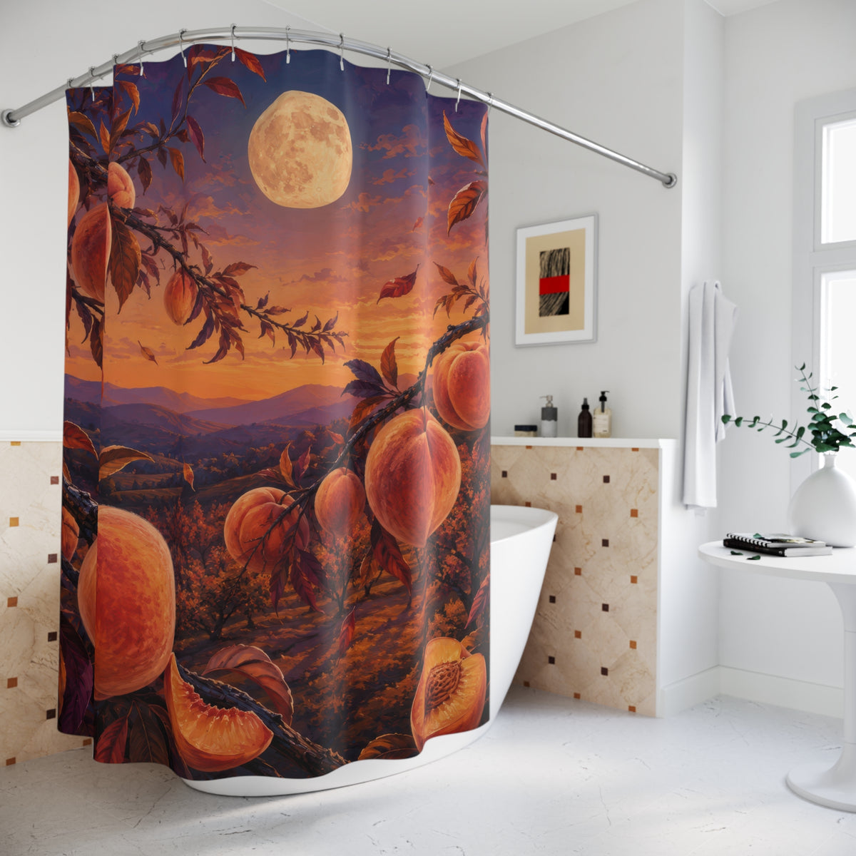 Peaches above an autumn orchard at sunset shower curtain beside a freestanding tub