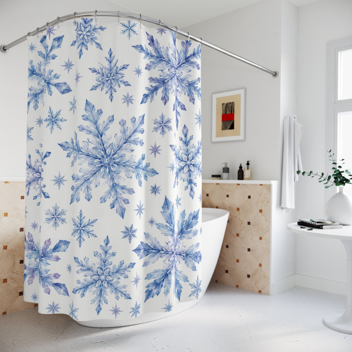 Blue and lilac watercolor snowflakes on white shower curtain beside a freestanding tub