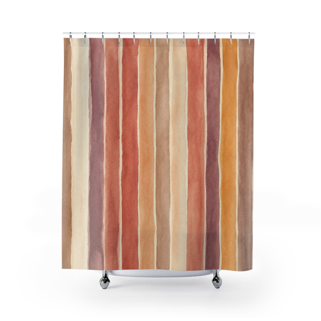 Sage Blue Rust Mustard Vertical Stripe Shower Curtain