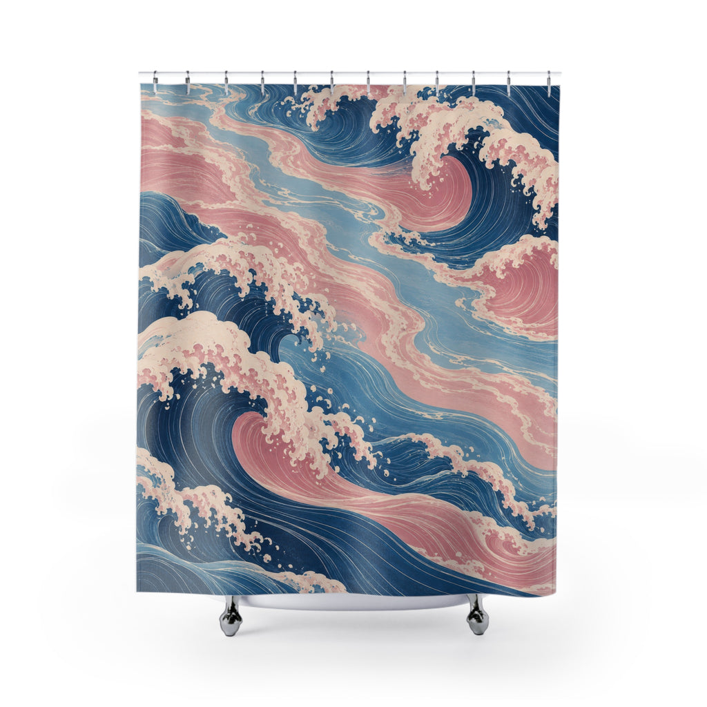 Blue and pink curling waves with ivory foam shower curtain with full front view