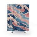 Blue and pink curling waves with ivory foam shower curtain with full front view