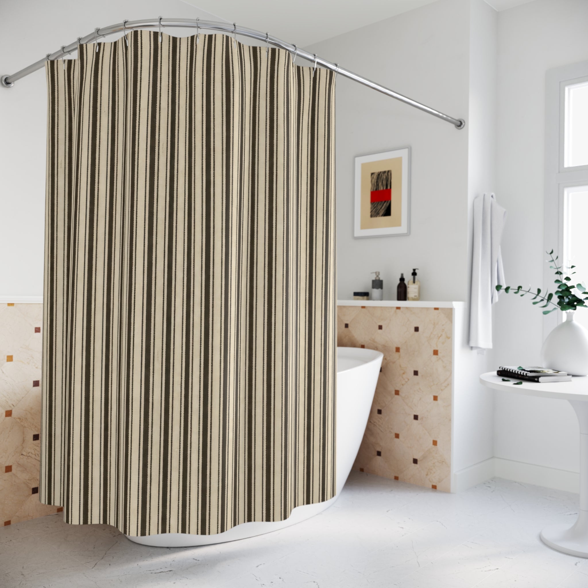 Striped Shower Curtain, Brown Beige Pinstripe Bath Decor, Dense Cream Vertical Line Pattern, Tailored Neutral Guest Bathroom Style