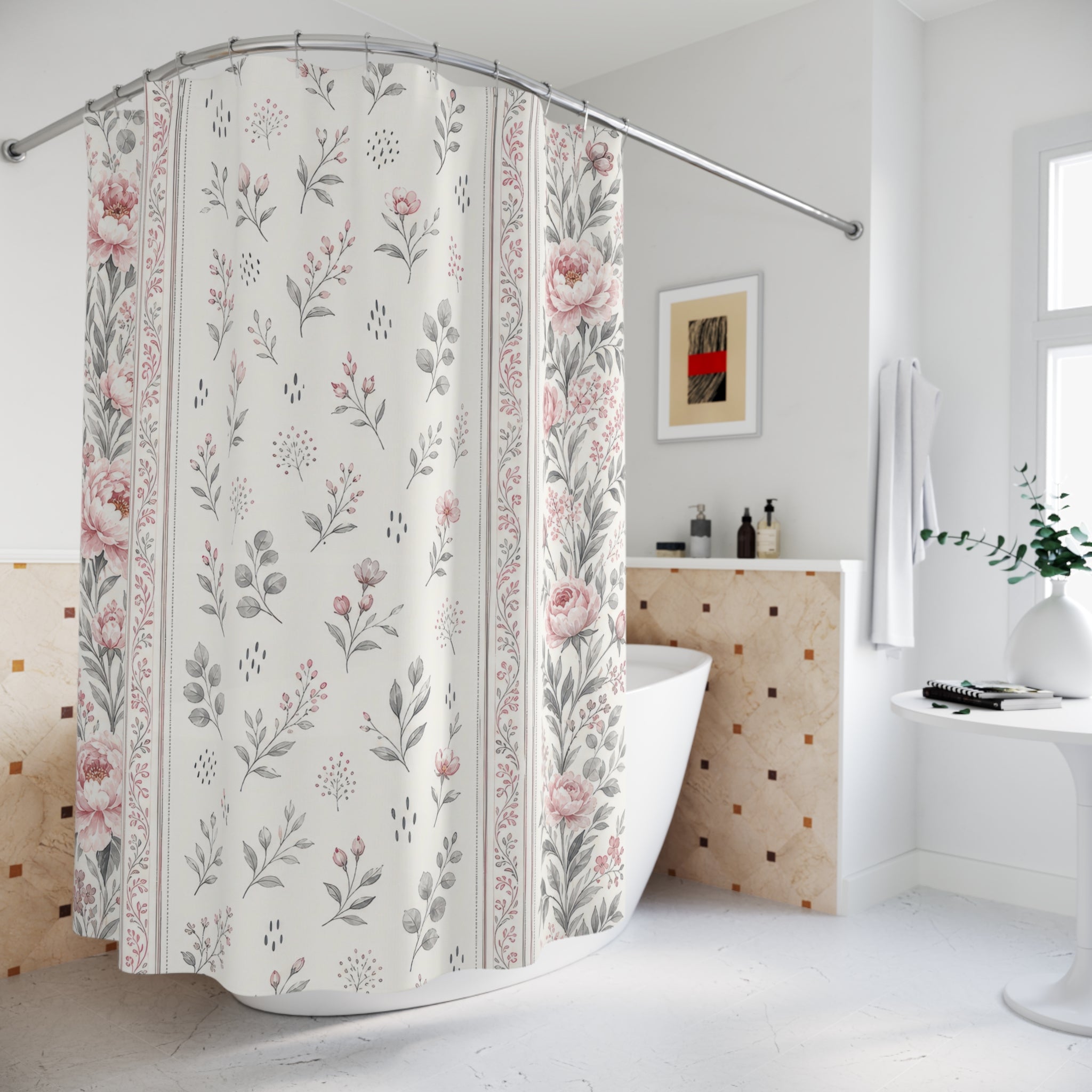 Pink Gray Floral Shower Curtain