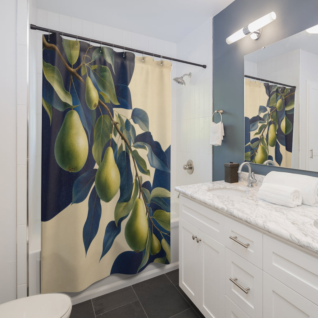 Blue and Green Cascading Pear Branch Shower Curtain