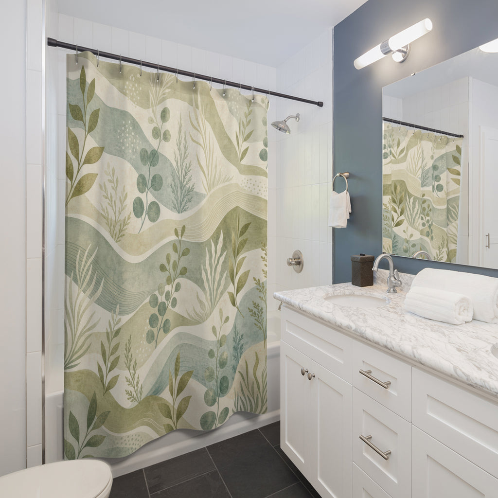 Olive Blue Coastal Waves Shower Curtain