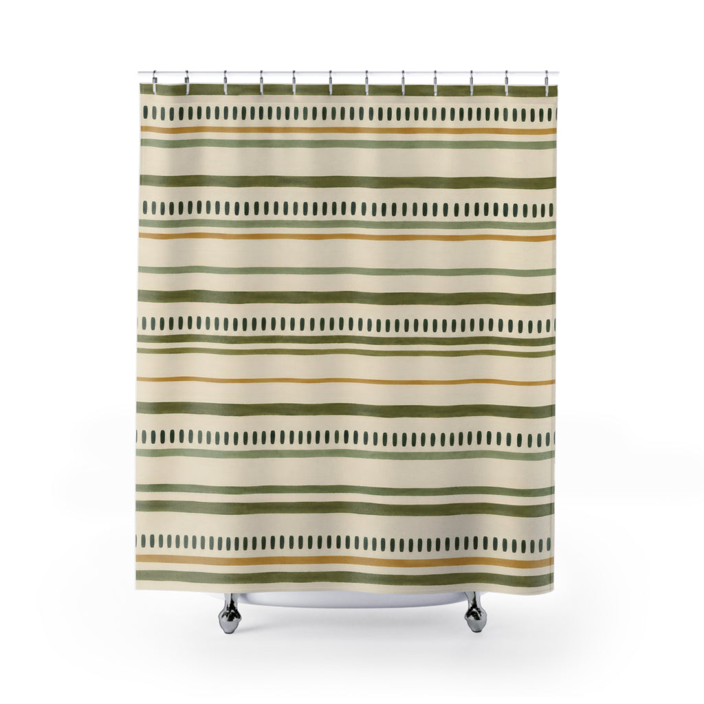 Olive and sage lines with forest-green dash rows on cream shower curtain with full front view