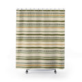 Olive and sage lines with forest-green dash rows on cream shower curtain with full front view