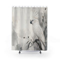 White cockatoo perched in soft grey ink wash foliage shower curtain, full front view