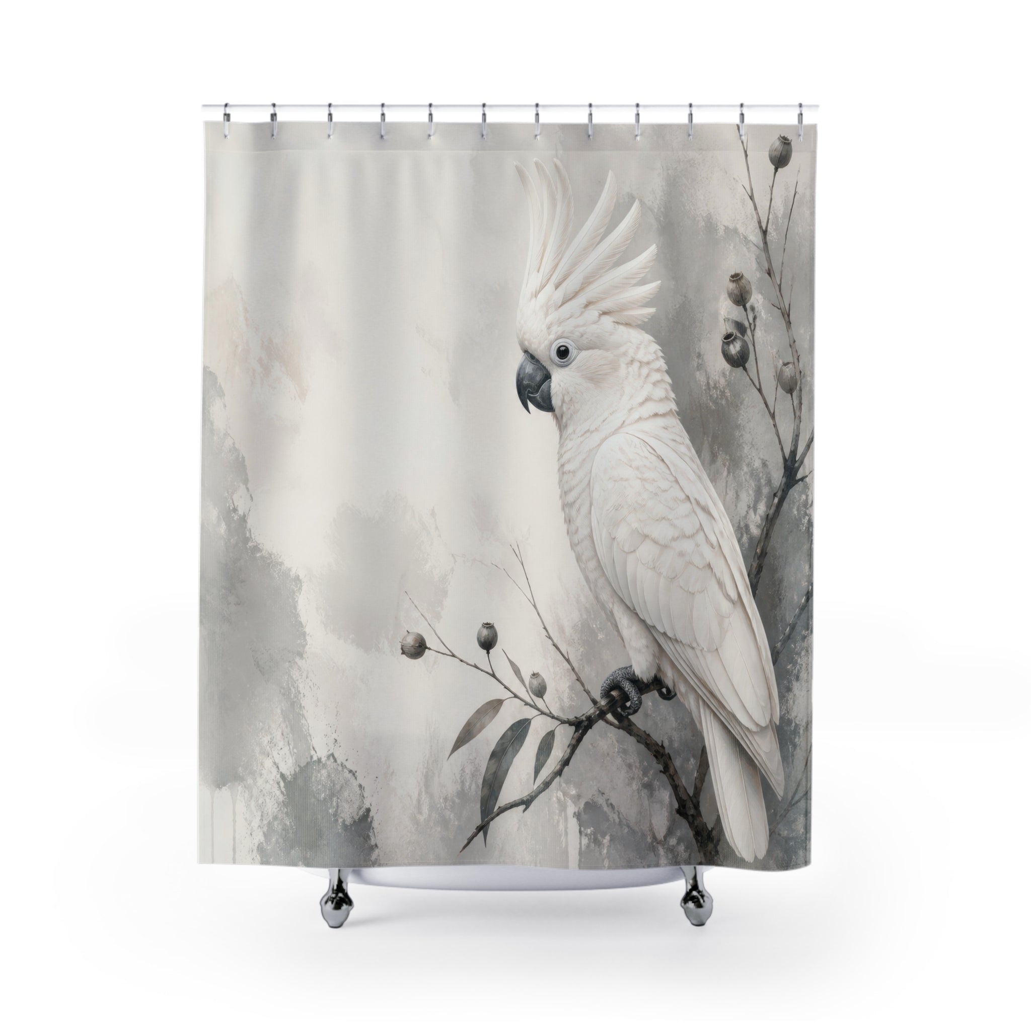 White cockatoo perched in soft grey ink wash foliage shower curtain, full front view
