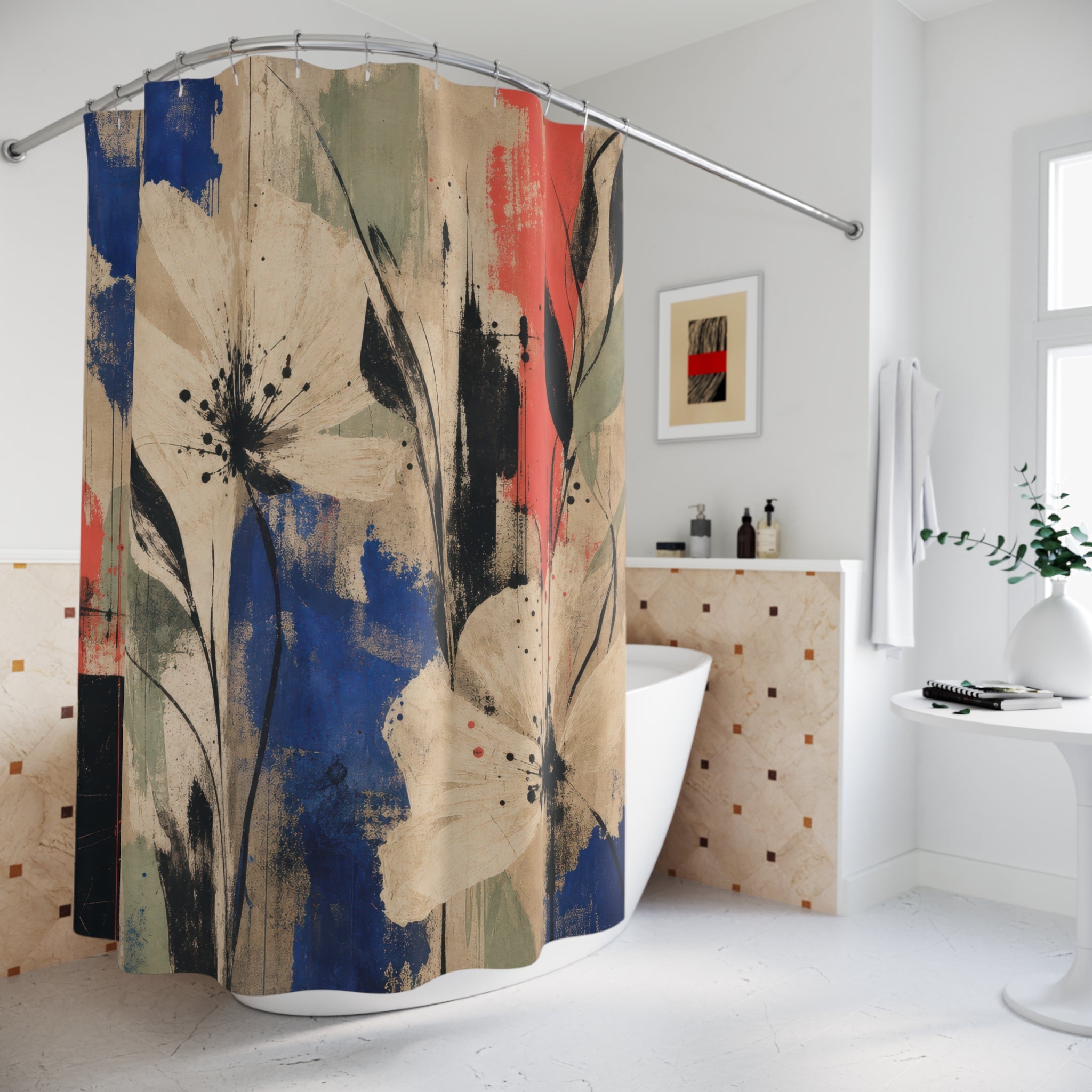 White Abstract Floral Shower Curtain