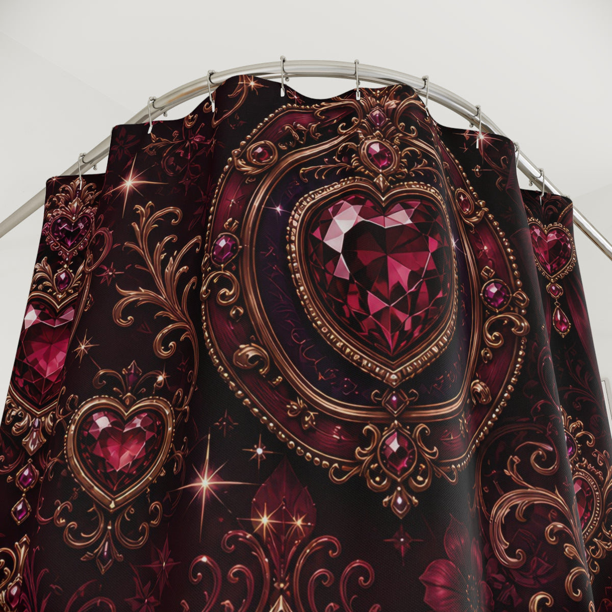Burgundy gemstone hearts in an ornate gold medallion lattice shower curtain with close-up print, hooks, and folds