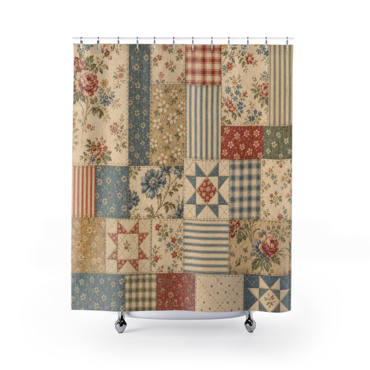 Vintage Farmhouse Patchwork feedsack country shower curtain with full front view