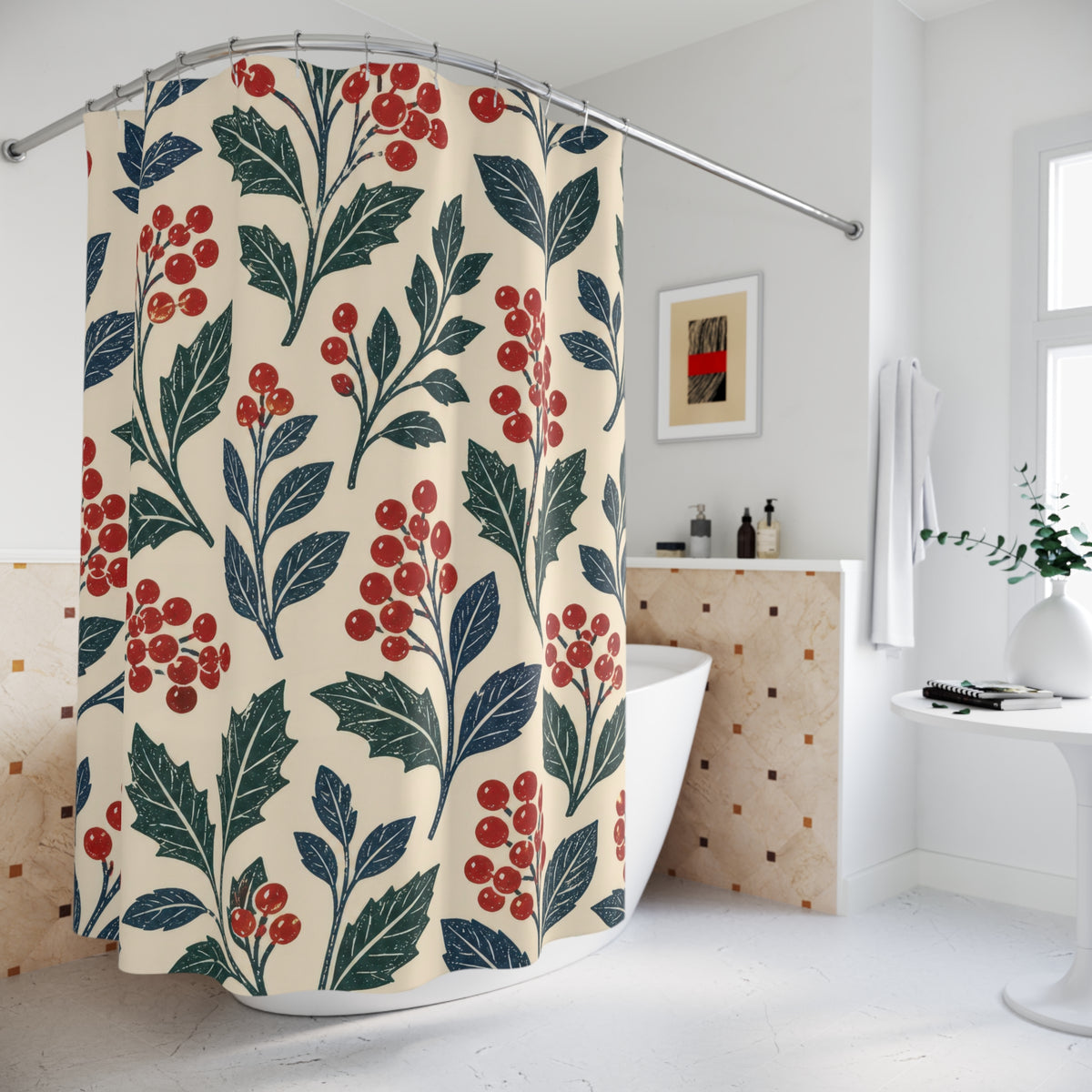 Red winter berry block print on cream shower curtain beside a freestanding tub
