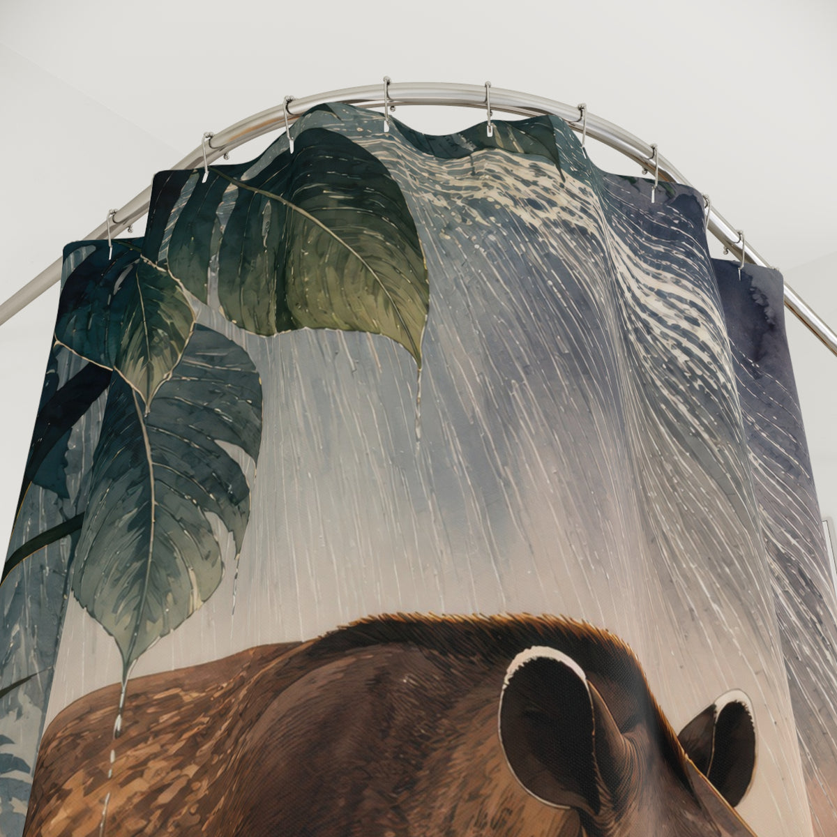 Tapir animal crossing jade rainforest water in silver rain shower curtain with close-up print, hooks, and folds