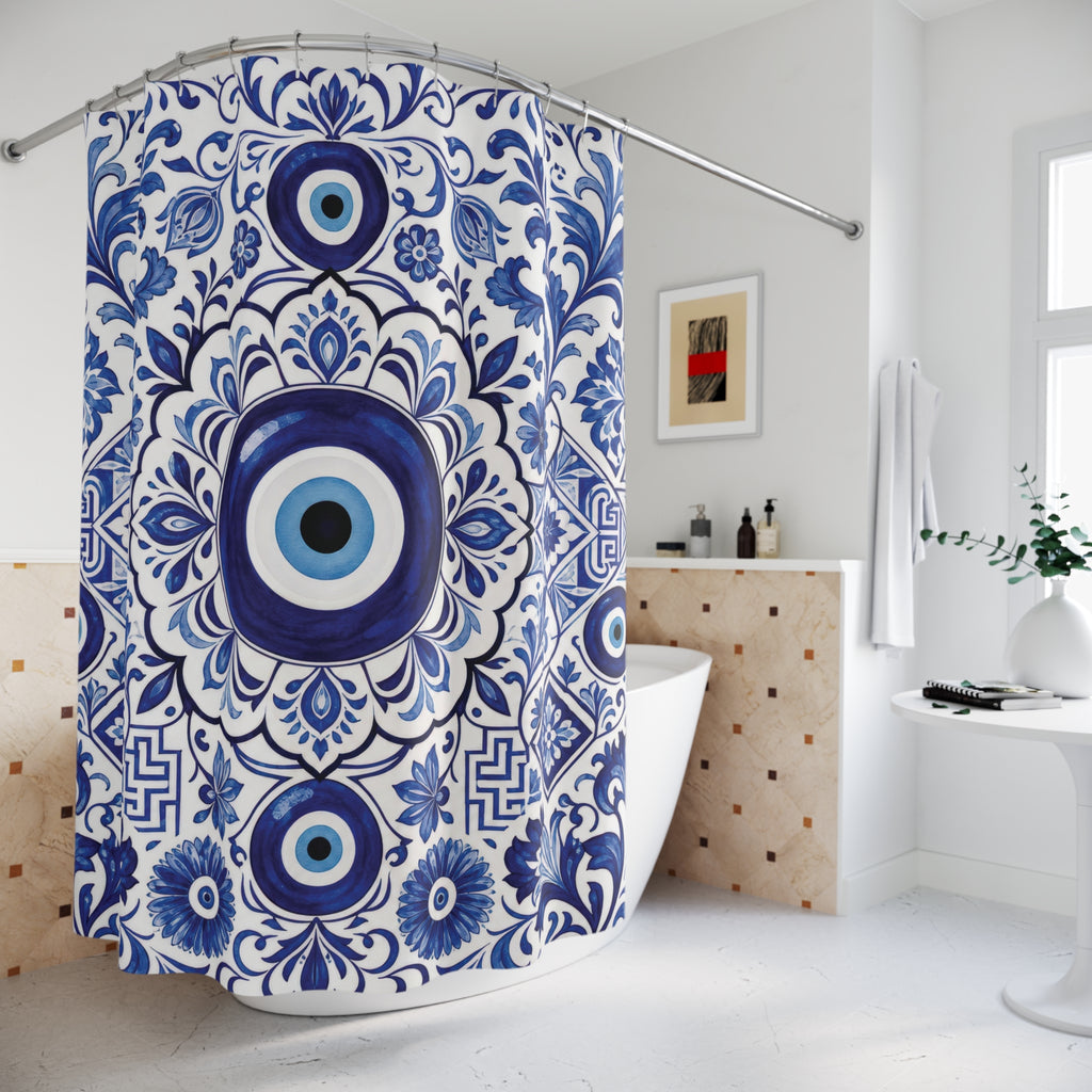 Evil Eye Shower Curtain: Blue White Greek Tile