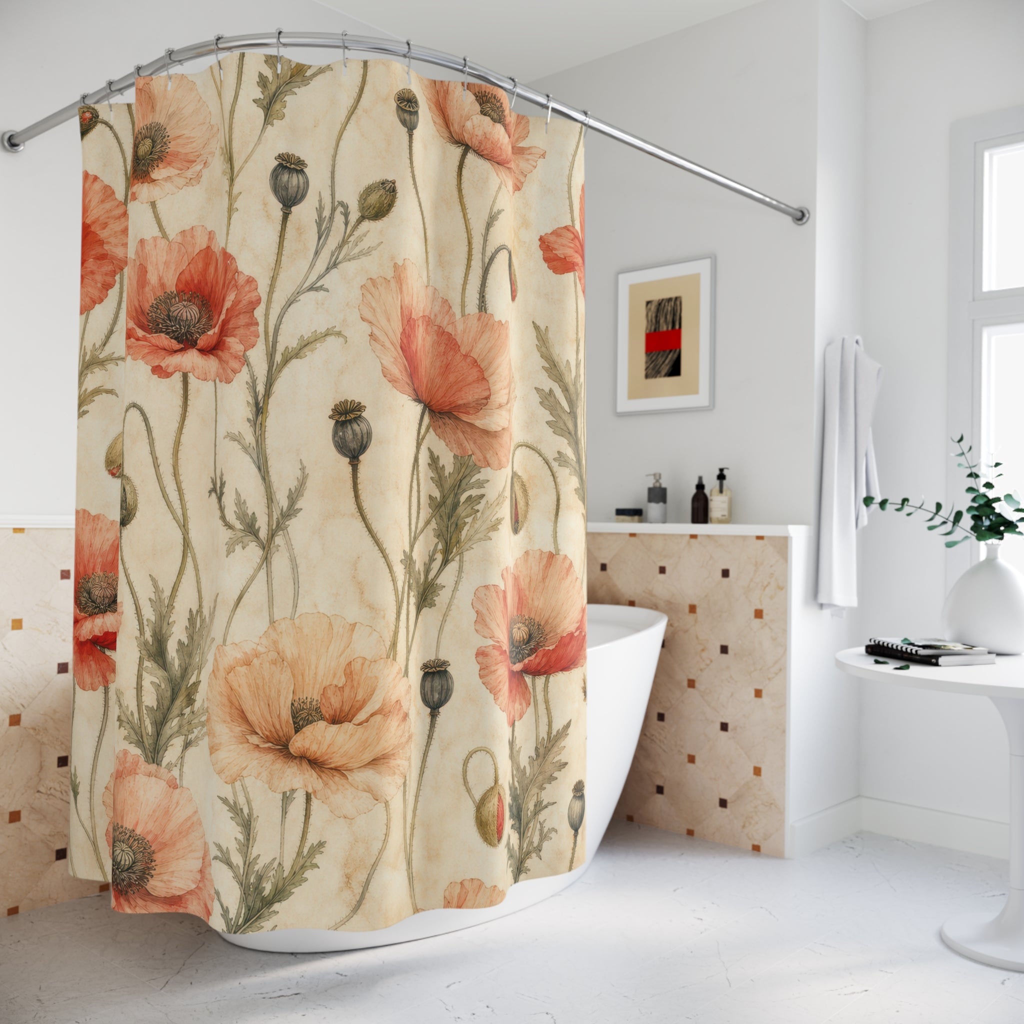 Vintage Red Orange Floral Shower Curtain