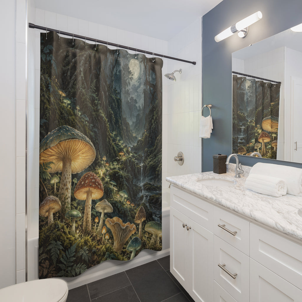 Vintage mushroom forest with glowing golden gills shower curtain beside a white vanity