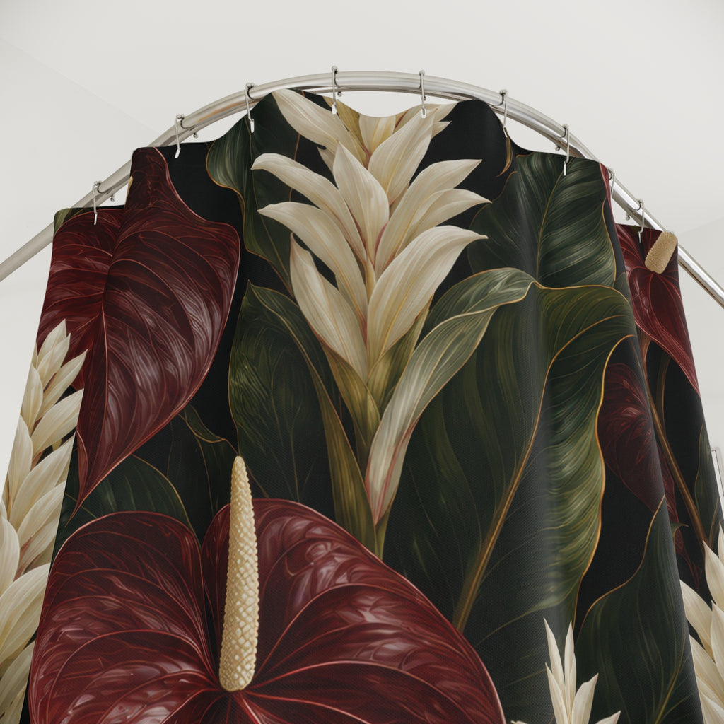 Burgundy anthuriums and cream flowers on black shower curtain with close-up print, hooks, and folds