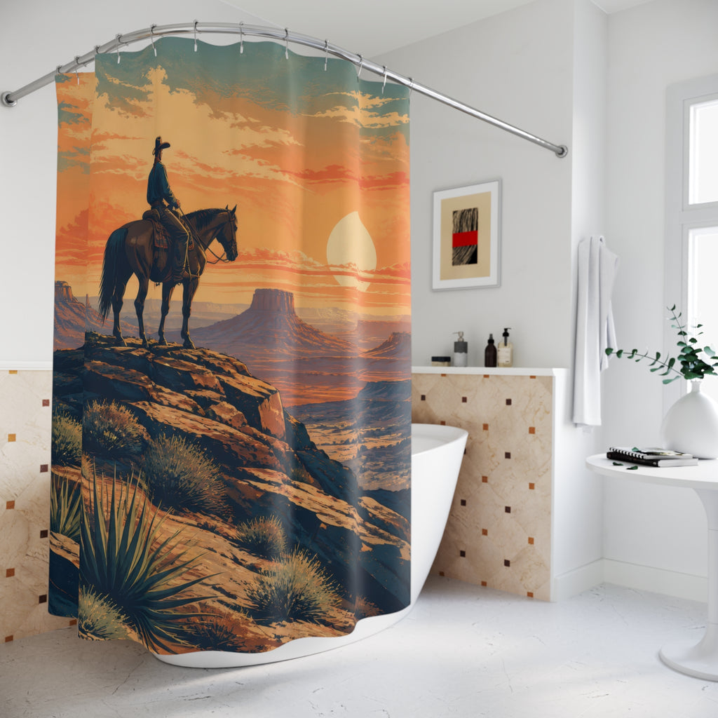 Cowboy riding a horse across a sunset desert ridge shower curtain beside a freestanding tub