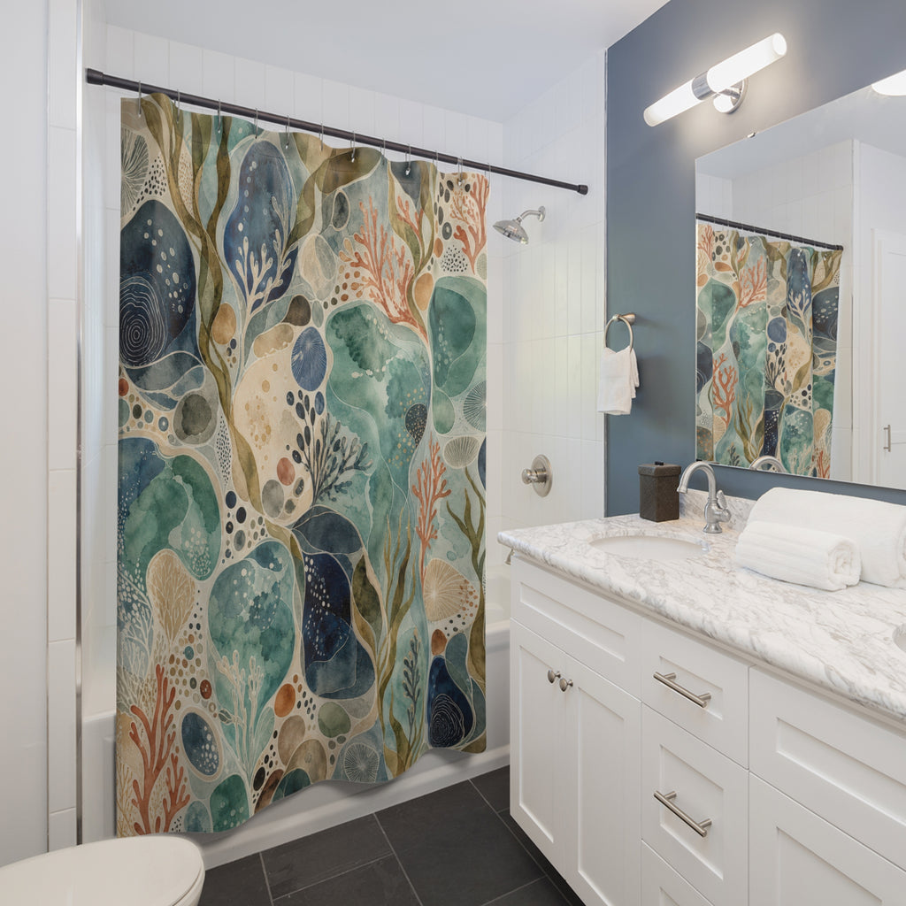 Ocean Pebble Shower Curtain, Teal Blue Coastal Bathroom Decor, Seaweed Abstract Bath Curtain, Guest Bathroom Decor, Beach Bath Decor