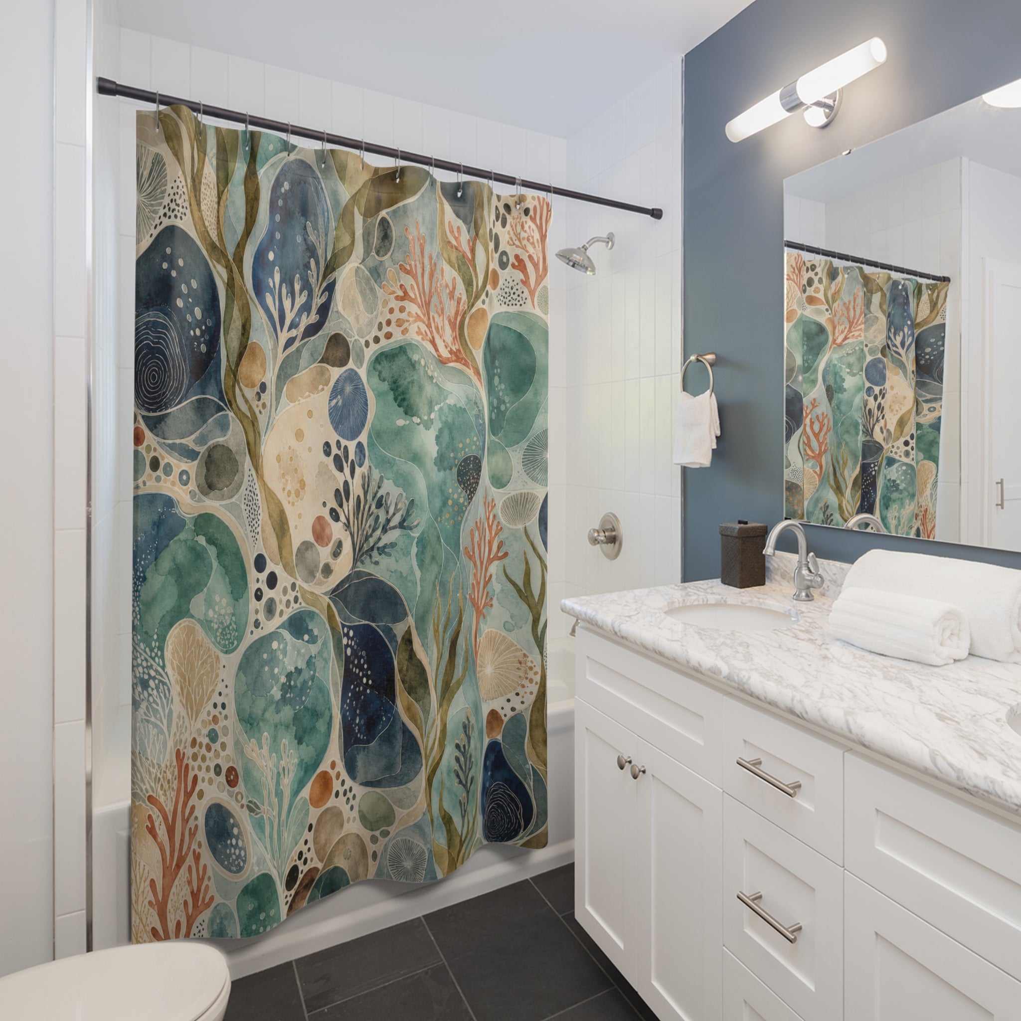 Ocean Pebble Shower Curtain, Teal Blue Coastal Bathroom Decor, Seaweed Abstract Bath Curtain, Guest Bathroom Decor, Beach Bath Decor