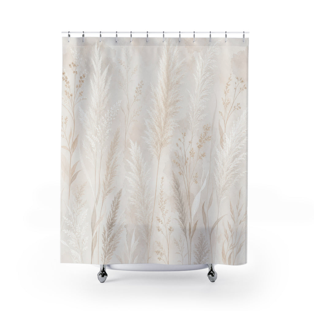 White Botanical Shower Curtain, Boho Grass Bath Decor, Ivory Meadow Pattern, Cream Guest Bathroom Decor, Soft Natural Meadow Style