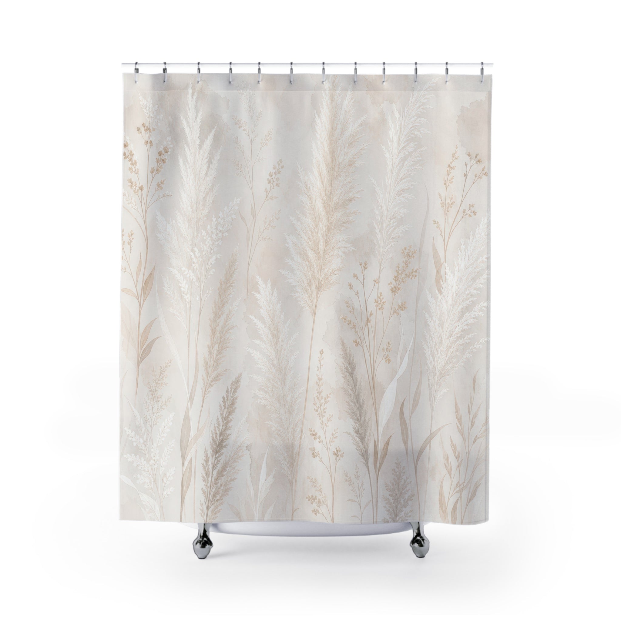 White Botanical Shower Curtain, Boho Grass Bath Decor, Ivory Meadow Pattern, Cream Guest Bathroom Decor, Soft Natural Meadow Style