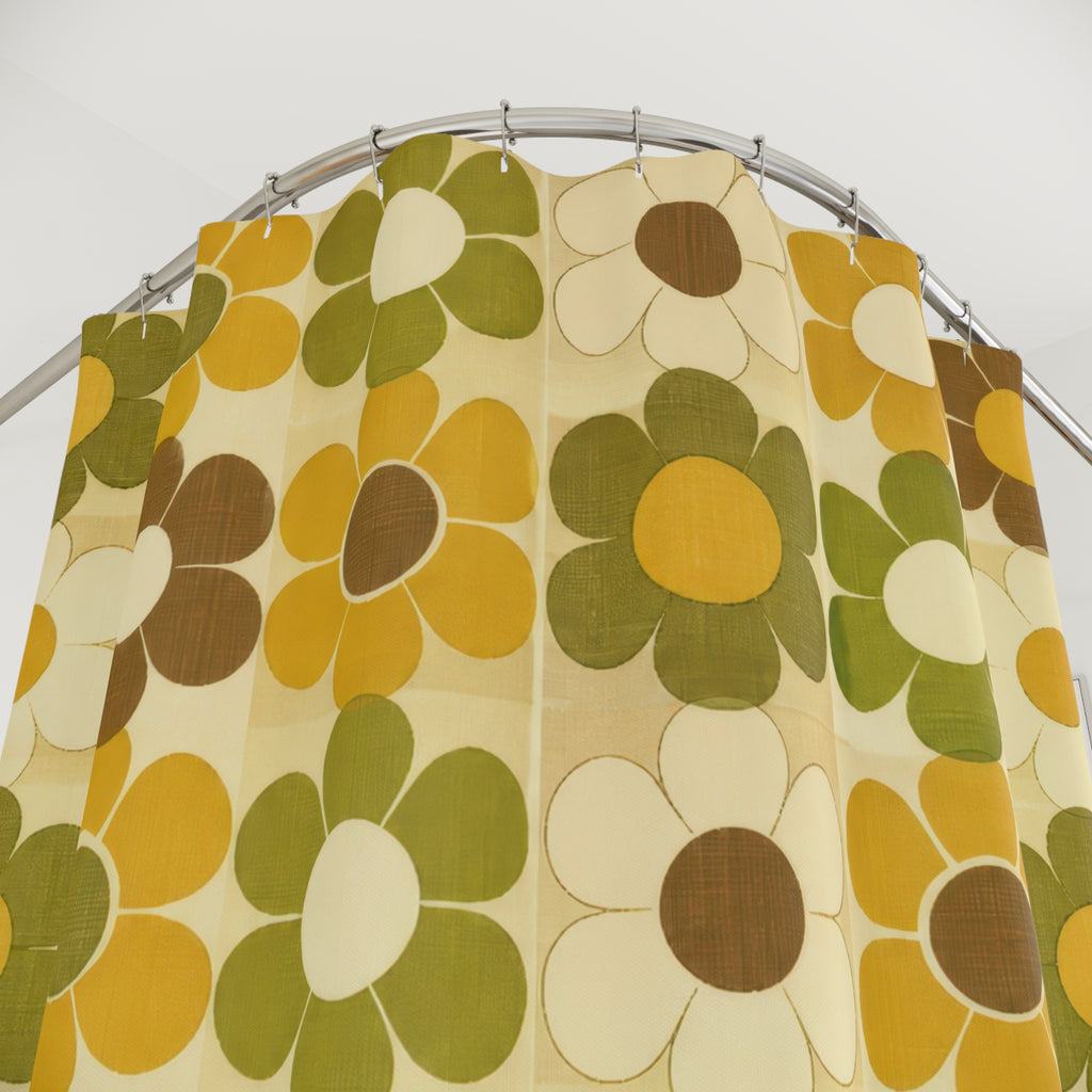 Retro Shower Curtain, 70s Flower Tile Pattern, Mustard Olive Bathroom Decor, 70s Mod Mustard Wall Decor Guest Bath Wall Gift For Home