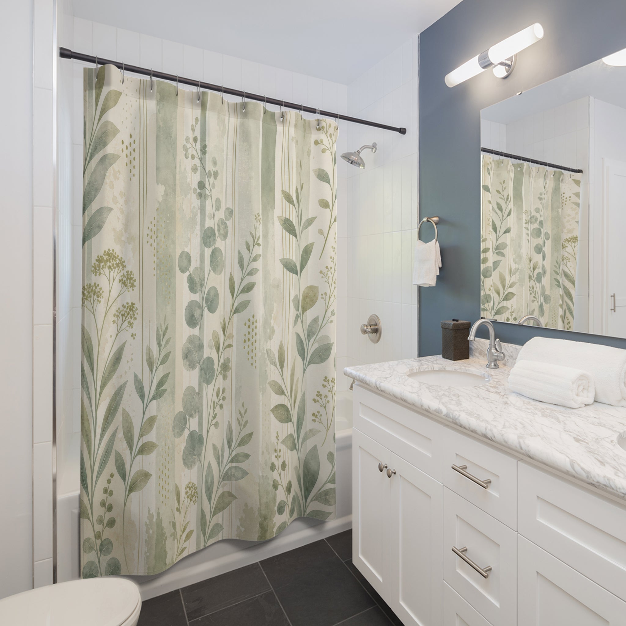Sage Leaf Stripe Collage Shower Curtain