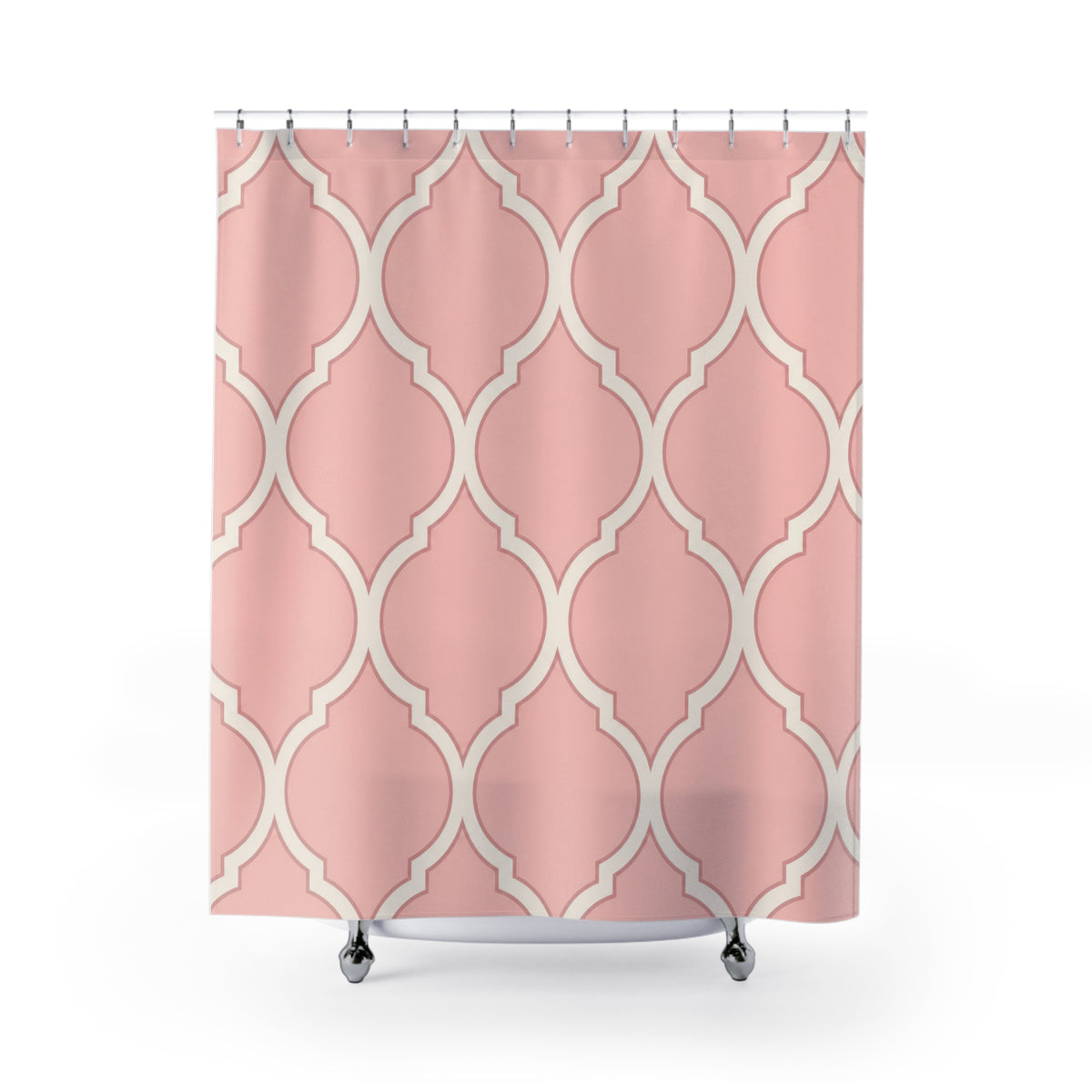 Blush pink and ivory repeating ogee curves shower curtain with full front view