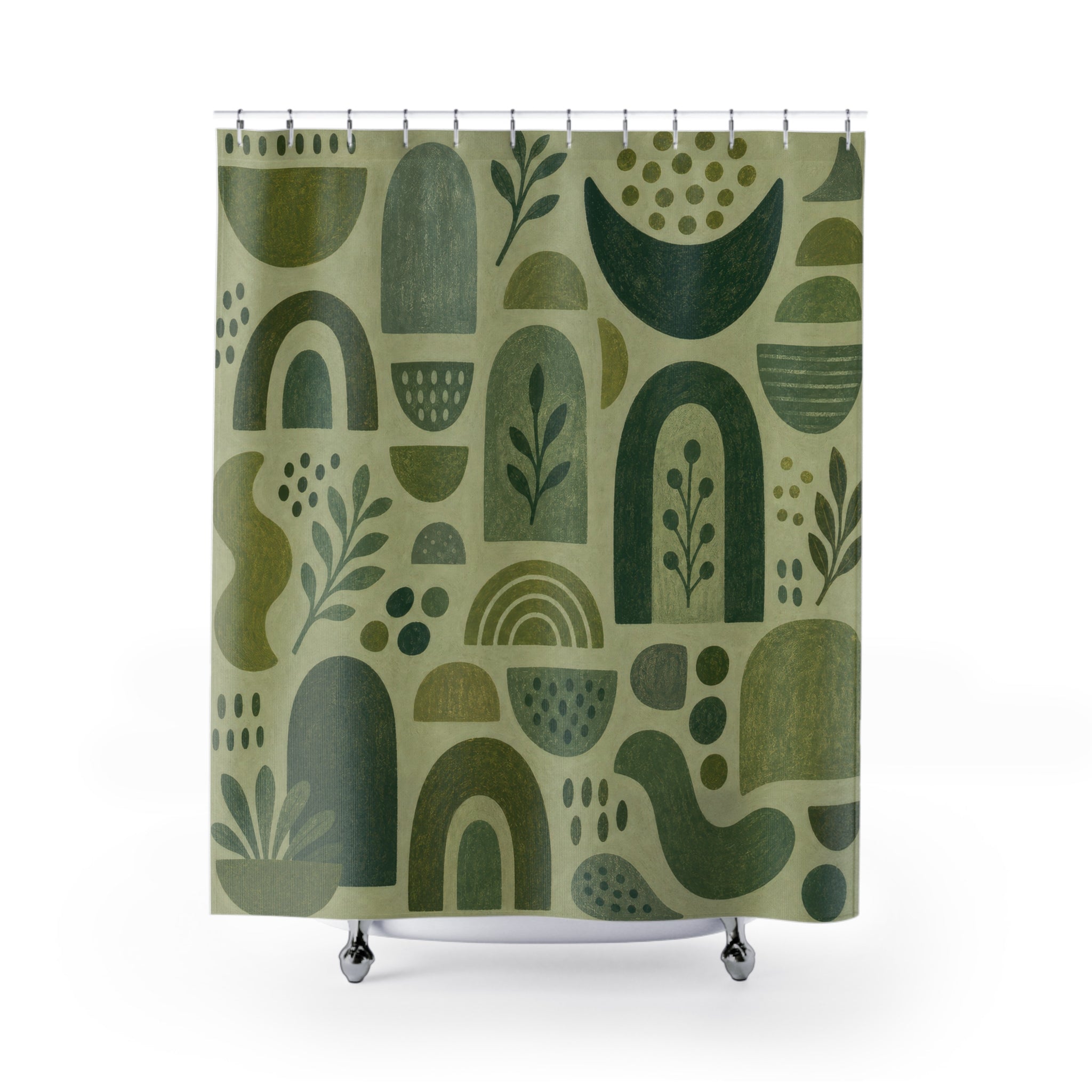Sage Green Shower Curtain, Abstract Botanical Bath Decor, Arch Leaf Pattern, Modern Boho Guest Bathroom Decor, Earthy Green Style