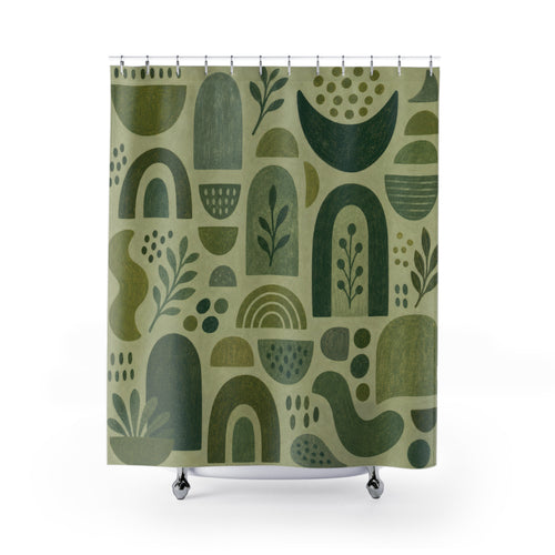 Abstract Botanical Sage Green shower curtain with full front view