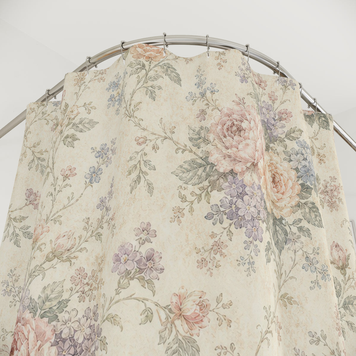 Pink Blue Floral Rose Vintage Botanical shower curtain with close-up print, hooks, and folds