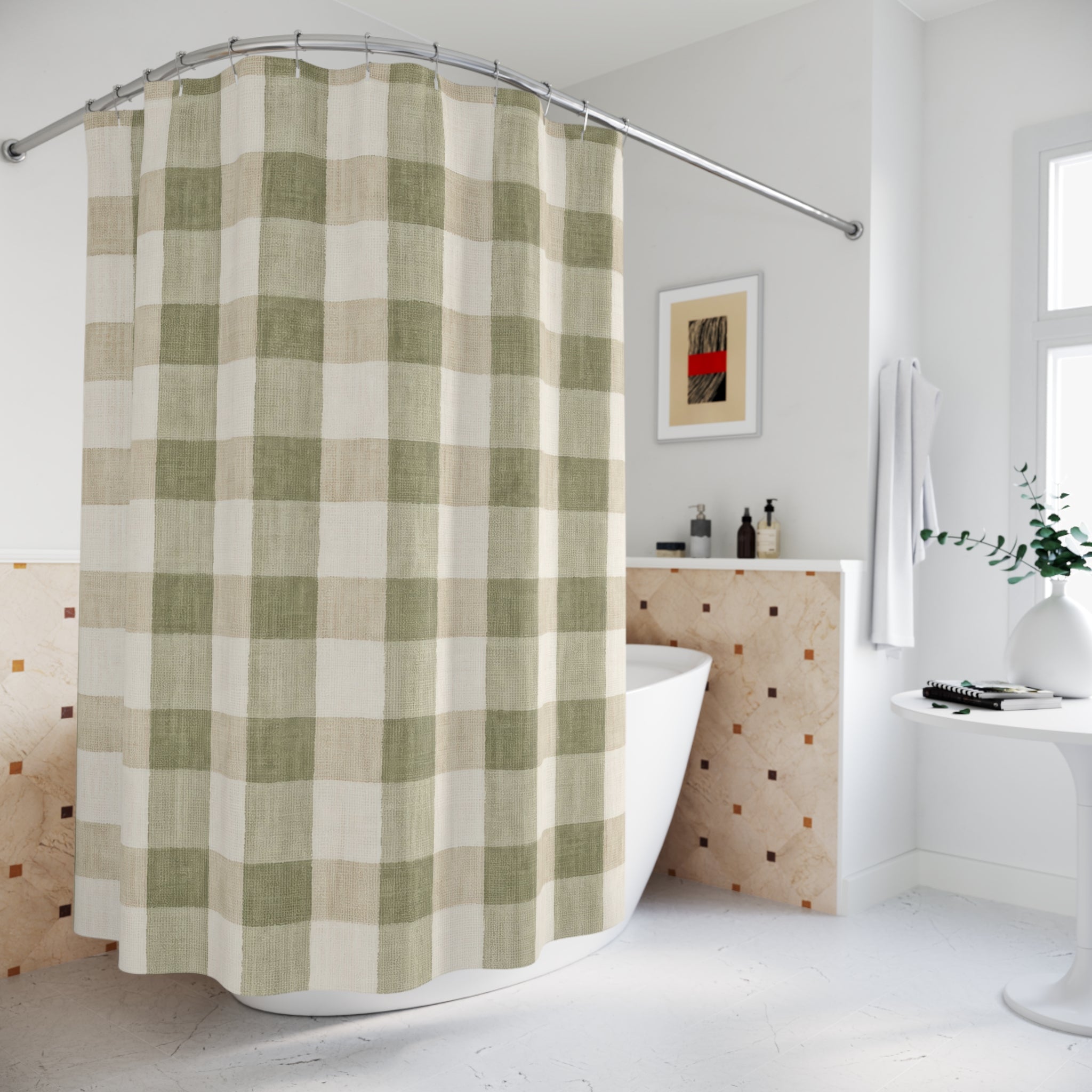 Sage Green Cream Check Shower Curtain