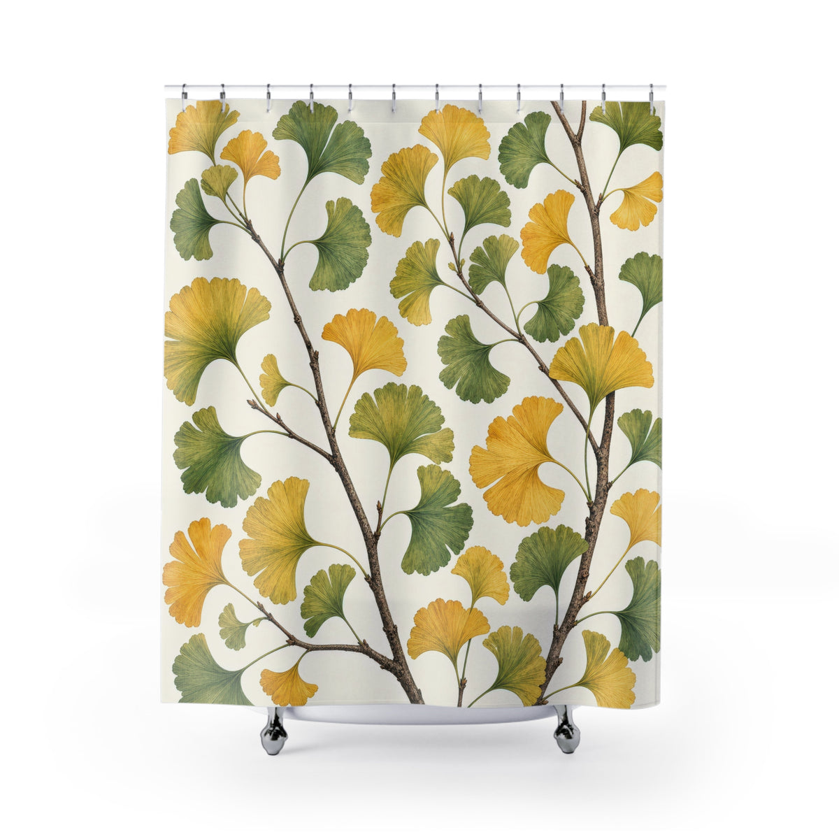 Yellow Green Botanical Leaf ginkgo shower curtain with full front view