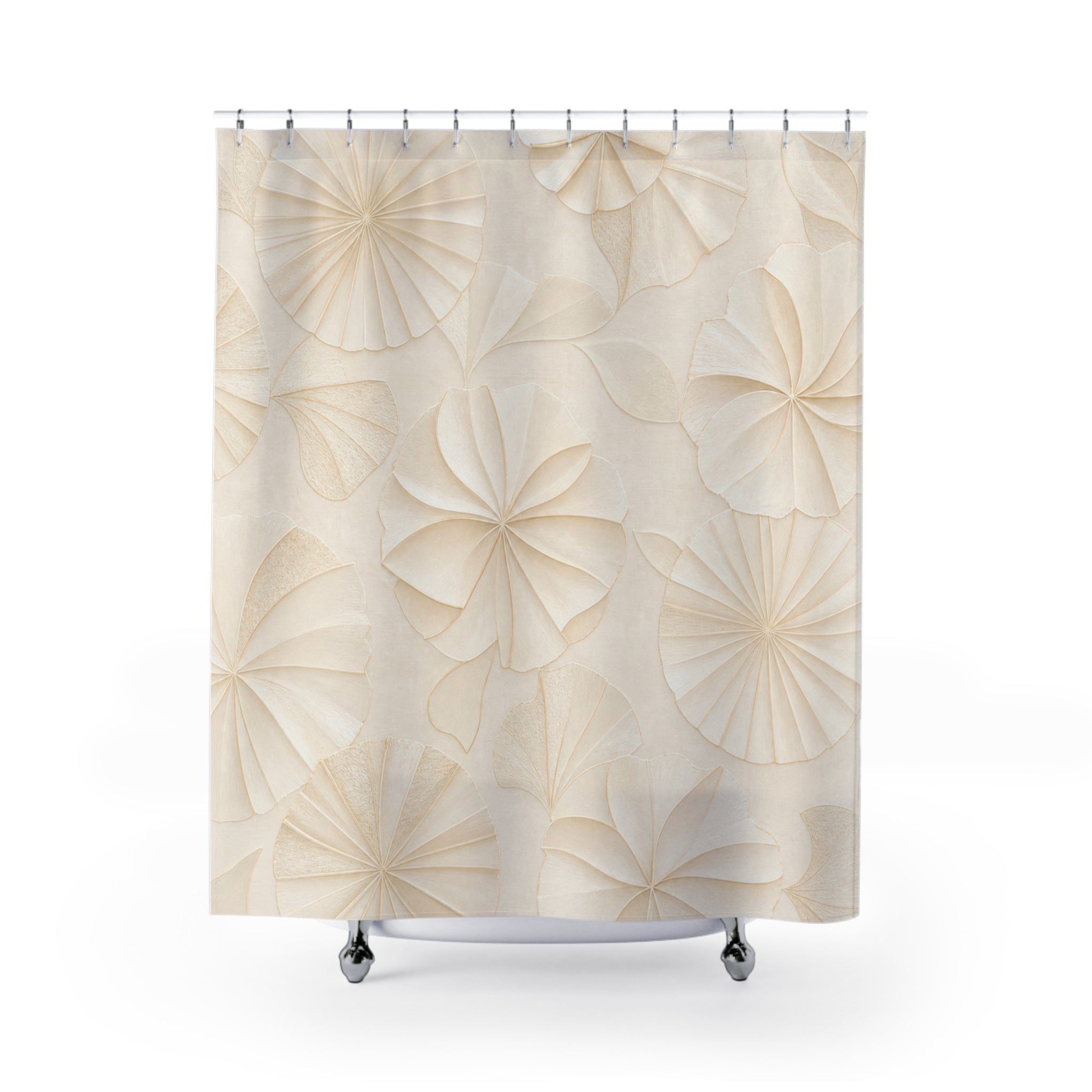 Floral Shower Curtain, Cream Beige Bath Decor, Relief Style Flower Pattern, Elegant Neutral Guest Bathroom Decor, Classic Soft Style