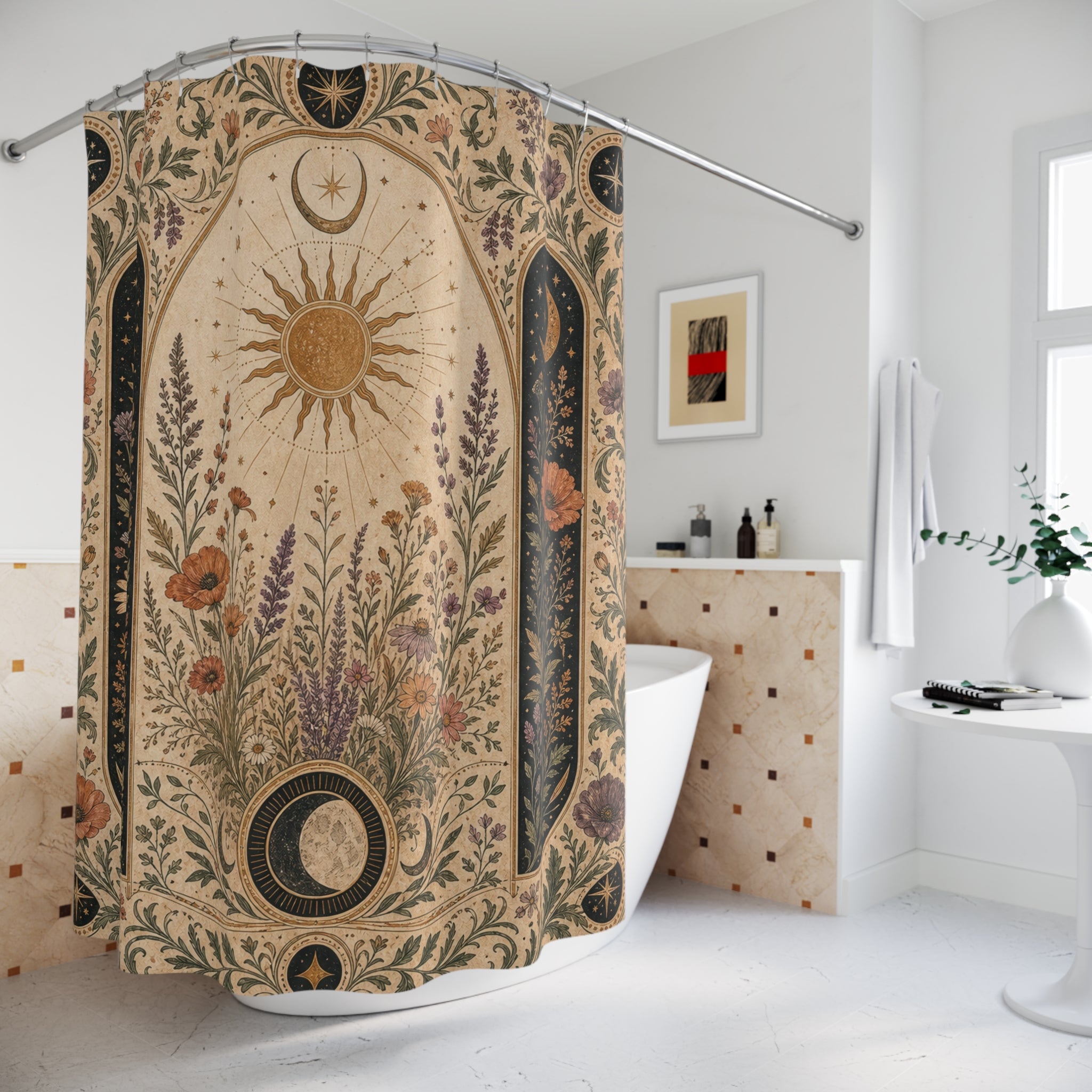 Black Terracotta Sun Moon Shower Curtain